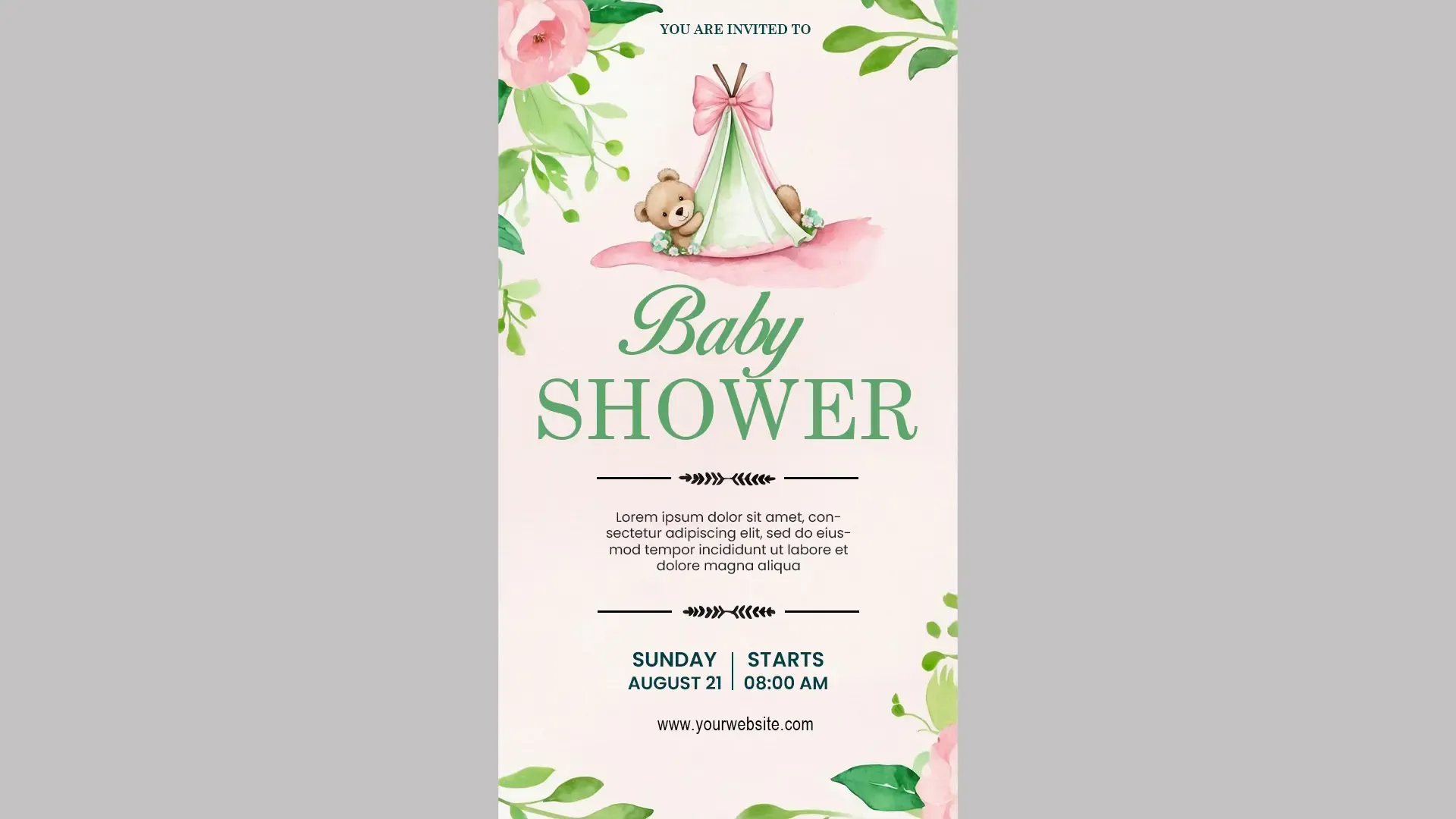 Instagram Story Baby Shower Invitation Floral Teddy Bear Hammock Design